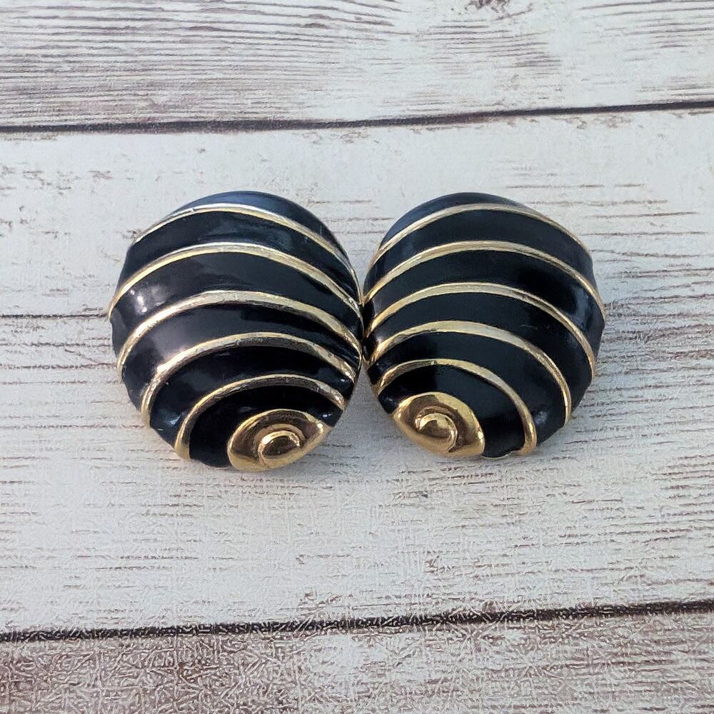 Vintage Napier Earrings For Pierced Ears Black & Gold Tone - Bent Stud